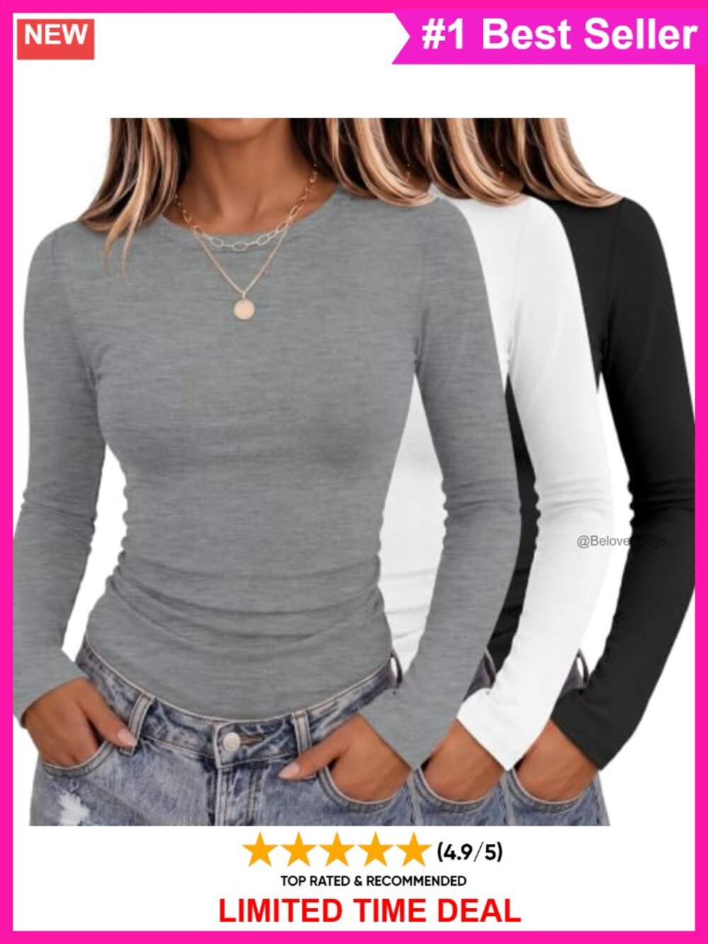 Riyiper Women's Long Sleeve Crew Neck Slim Fit Tops 3 Pack